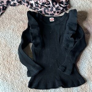 SHEIN Black Ribbed Ruffle Sleeve Top with bell bottom matching pants